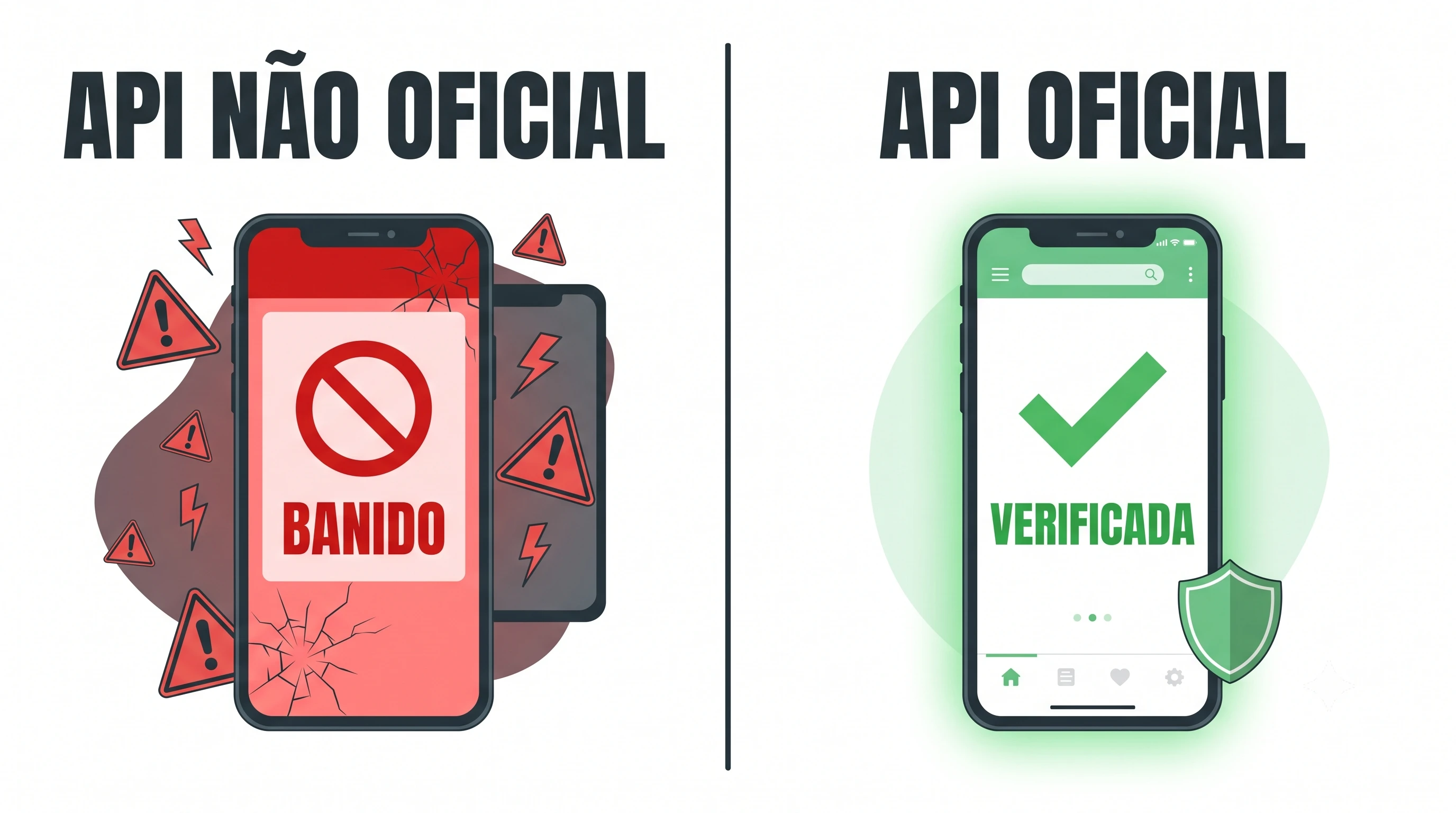 Comparação entre API não oficial do WhatsApp com risco de bloqueio e API oficial da Meta verificada e segura